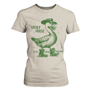Funny St Patrick's Day Lucky Goose On The Loose T Shirt For Women Cowboy Goose Shamrock TS11 Sand Print Your Wear