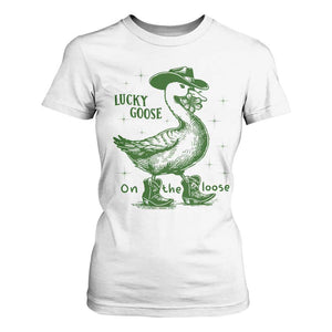 Funny St Patrick's Day Lucky Goose On The Loose T Shirt For Women Cowboy Goose Shamrock TS11 White Print Your Wear