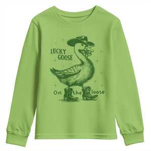 Funny St Patrick's Day Lucky Goose On The Loose Youth Sweatshirt Cowboy Goose Shamrock TS11 Lime Print Your Wear