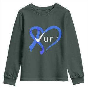 Funny Check Your Colon Colorectal Cancer Awareness Youth Sweatshirt Dark Blue Ribbon Heart TS11 Dark Forest Green Print Your Wear