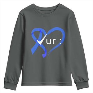 Funny Check Your Colon Colorectal Cancer Awareness Youth Sweatshirt Dark Blue Ribbon Heart TS11 Dark Heather Print Your Wear