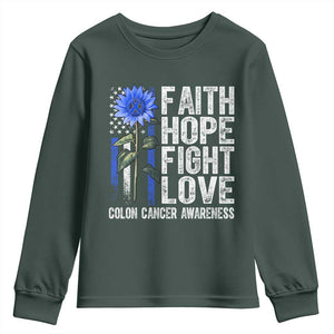 Colon Cancer Awareness Youth Sweatshirt Faith Hope Fight Love Sunflower USA Flag TS11 Dark Forest Green Print Your Wear