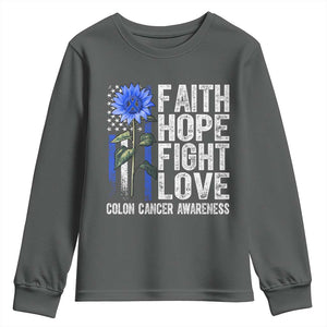 Colon Cancer Awareness Youth Sweatshirt Faith Hope Fight Love Sunflower USA Flag TS11 Dark Heather Print Your Wear