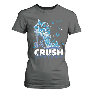 Crush Colon Cancer T Shirt For Women Colorectal Cancer Awareness Bling Blue Ribbon High Heel TS11 Dark Heather Print Your Wear