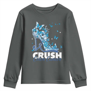 Crush Colon Cancer Youth Sweatshirt Colorectal Cancer Awareness Bling Blue Ribbon High Heel TS11 Dark Heather Print Your Wear
