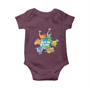 Earth Day Save Our Planet Baby Onesie Cute Dinosaurs Around World TS11 Maroon Print Your Wear