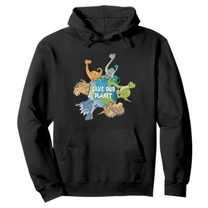 Earth Day Save Our Planet Hoodie Cute Dinosaurs Around World TS11 Black Print Your Wear