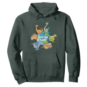 Earth Day Save Our Planet Hoodie Cute Dinosaurs Around World TS11 Dark Forest Green Print Your Wear