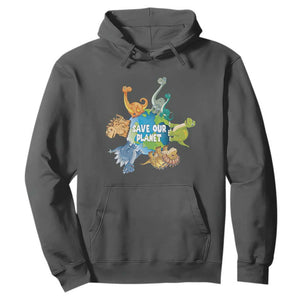Earth Day Save Our Planet Hoodie Cute Dinosaurs Around World TS11 Dark Heather Print Your Wear