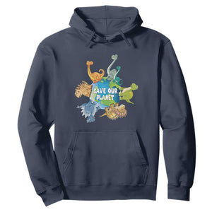 Earth Day Save Our Planet Hoodie Cute Dinosaurs Around World TS11 Navy Print Your Wear
