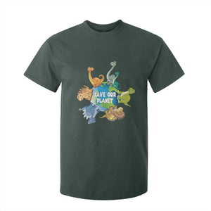 Earth Day Save Our Planet T Shirt For Kid Cute Dinosaurs Around World TS11 Dark Forest Green Print Your Wear