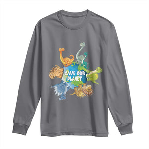 Earth Day Save Our Planet Long Sleeve Shirt Cute Dinosaurs Around World TS11 Charcoal Print Your Wear