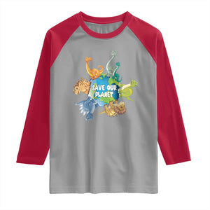 Earth Day Save Our Planet Raglan Shirt Cute Dinosaurs Around World TS11 Sport Gray Red Print Your Wear