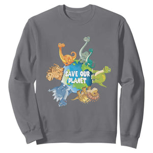 Earth Day Save Our Planet Sweatshirt Cute Dinosaurs Around World TS11 Charcoal Print Your Wear