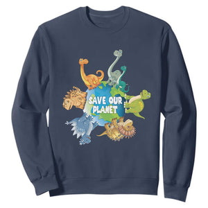 Earth Day Save Our Planet Sweatshirt Cute Dinosaurs Around World TS11 Navy Print Your Wear