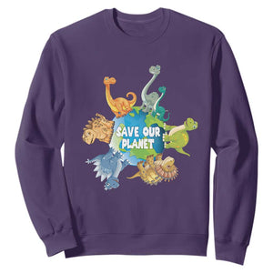 Earth Day Save Our Planet Sweatshirt Cute Dinosaurs Around World TS11 Purple Print Your Wear