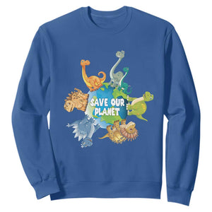 Earth Day Save Our Planet Sweatshirt Cute Dinosaurs Around World TS11 Royal Blue Print Your Wear