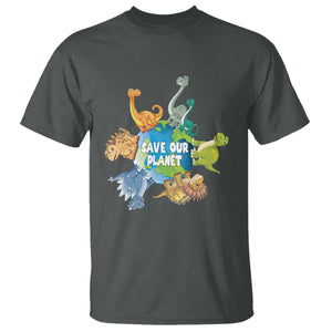 Earth Day Save Our Planet T Shirt Cute Dinosaurs Around World TS11 Dark Heather Print Your Wear