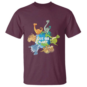 Earth Day Save Our Planet T Shirt Cute Dinosaurs Around World TS11 Maroon Print Your Wear
