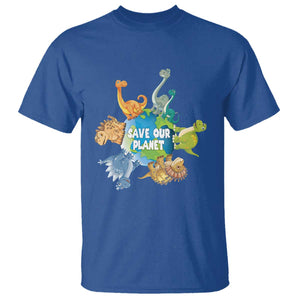 Earth Day Save Our Planet T Shirt Cute Dinosaurs Around World TS11 Royal Blue Print Your Wear