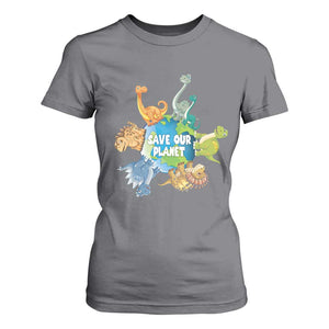 Earth Day Save Our Planet T Shirt For Women Cute Dinosaurs Around World TS11 Charcoal Print Your Wear