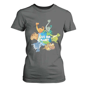 Earth Day Save Our Planet T Shirt For Women Cute Dinosaurs Around World TS11 Dark Heather Print Your Wear