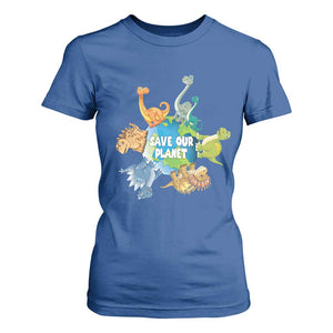 Earth Day Save Our Planet T Shirt For Women Cute Dinosaurs Around World TS11 Royal Blue Print Your Wear