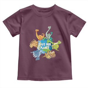 Earth Day Save Our Planet Toddler T Shirt Cute Dinosaurs Around World TS11 Maroon Print Your Wear