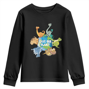 Earth Day Save Our Planet Youth Sweatshirt Cute Dinosaurs Around World TS11 Black Print Your Wear