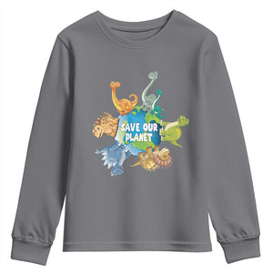 Earth Day Save Our Planet Youth Sweatshirt Cute Dinosaurs Around World TS11 Charcoal Print Your Wear