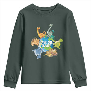 Earth Day Save Our Planet Youth Sweatshirt Cute Dinosaurs Around World TS11 Dark Forest Green Print Your Wear