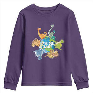 Earth Day Save Our Planet Youth Sweatshirt Cute Dinosaurs Around World TS11 Purple Print Your Wear