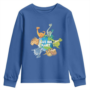 Earth Day Save Our Planet Youth Sweatshirt Cute Dinosaurs Around World TS11 Royal Blue Print Your Wear