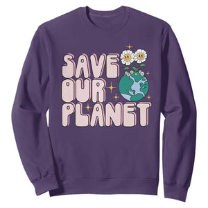 Earth Day Save Our Planet Sweatshirt Cute Retro Groove Flower TS11 Purple Print Your Wear