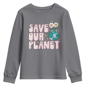 Earth Day Save Our Planet Youth Sweatshirt Cute Retro Groove Flower TS11 Charcoal Print Your Wear