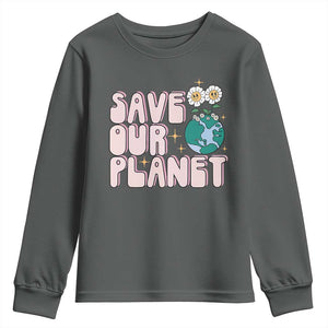 Earth Day Save Our Planet Youth Sweatshirt Cute Retro Groove Flower TS11 Dark Heather Print Your Wear