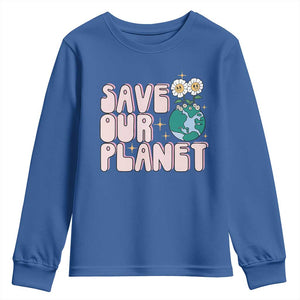 Earth Day Save Our Planet Youth Sweatshirt Cute Retro Groove Flower TS11 Royal Blue Print Your Wear
