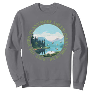 Earth Day Sweatshirt Save The Bees Plant More Trees Clean The Seas TS11 Charcoal Print Your Wear