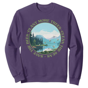 Earth Day Sweatshirt Save The Bees Plant More Trees Clean The Seas TS11 Purple Print Your Wear