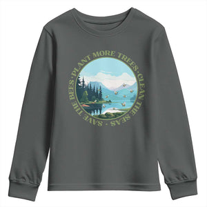 Earth Day Youth Sweatshirt Save The Bees Plant More Trees Clean The Seas TS11 Dark Heather Print Your Wear