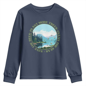 Earth Day Youth Sweatshirt Save The Bees Plant More Trees Clean The Seas TS11 Navy Print Your Wear