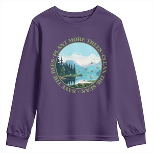 Earth Day Youth Sweatshirt Save The Bees Plant More Trees Clean The Seas TS11 Purple Print Your Wear