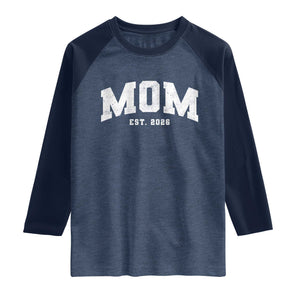 Mom Est 2026 Raglan Shirt Promoted To Mommy Mother's Day TS11 Heather Denim Navy Print Your Wear