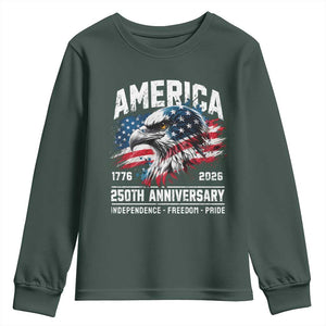 America 250th Anniversary Youth Sweatshirt USA Patriotic Eagle 1776 2026 Independence Freedom Pride TS11 Dark Forest Green Print Your Wear