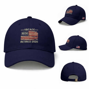 70th Birthday Retirement Baseball Cap Vintage 1956 Retired 2026 American Flag TS11 Baseball Cap Universal Fit Dark Blue Print Your Wear