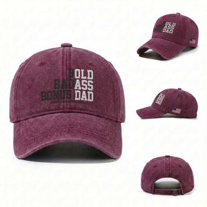 Bold Badass Bonus Dad Washed Cotton Baseball Cap Old Ass Dad Funny Father's Day Gift TS11 Washed Cap Universal Fit Burgundy Print Your Wear