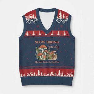 Slow Hiking Society The Last One to The Top Wins V-Neck Knit Sweater Vest Funny Snail Mountaineering TS11 Navy Red Print Your Wear