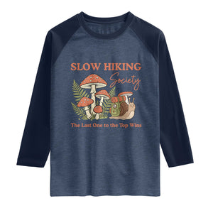 Slow Hiking Society The Last One to The Top Wins Raglan Shirt Funny Snail Mountaineering TS11 Heather Denim Navy Print Your Wear
