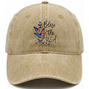 Bless The USA 4th of July Washed Cotton Baseball Cap Patriotic American Flag Butterfly Independence Day TS11 Washed Cap Universal Fit Khaki Print Your Wear