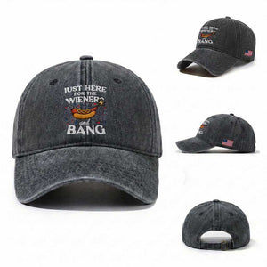 Funny Just Here For The Wieners And Bang Washed Cotton Baseball Cap 4th Of July Hot Dog Lover Fireworks TS11 Washed Cap Universal Fit Dark Gray Print Your Wear